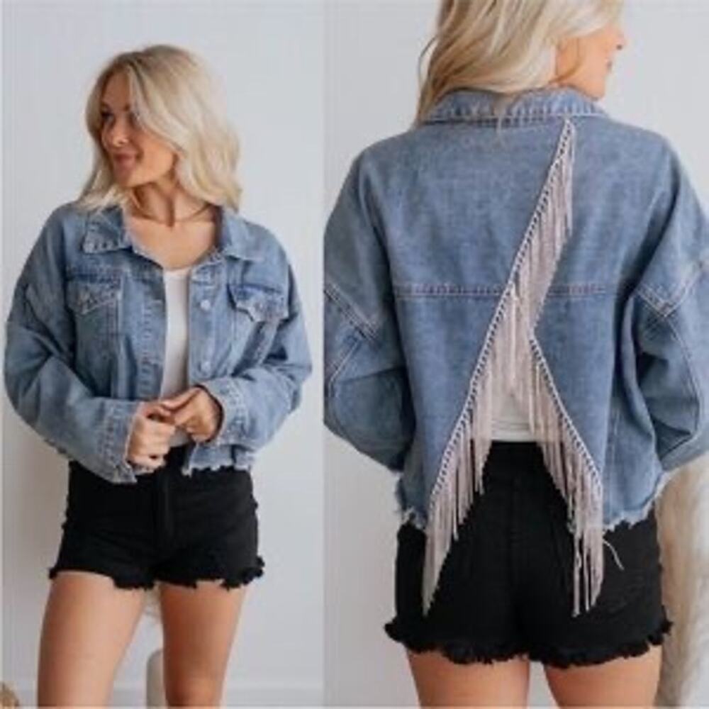 Savanna Jane Women's Rhinestone Fringe Jean Jacket Blue Size 3X Glam Nashville